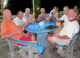 The anglers enjoy a beer while swapping stories of the ones that “got away”.